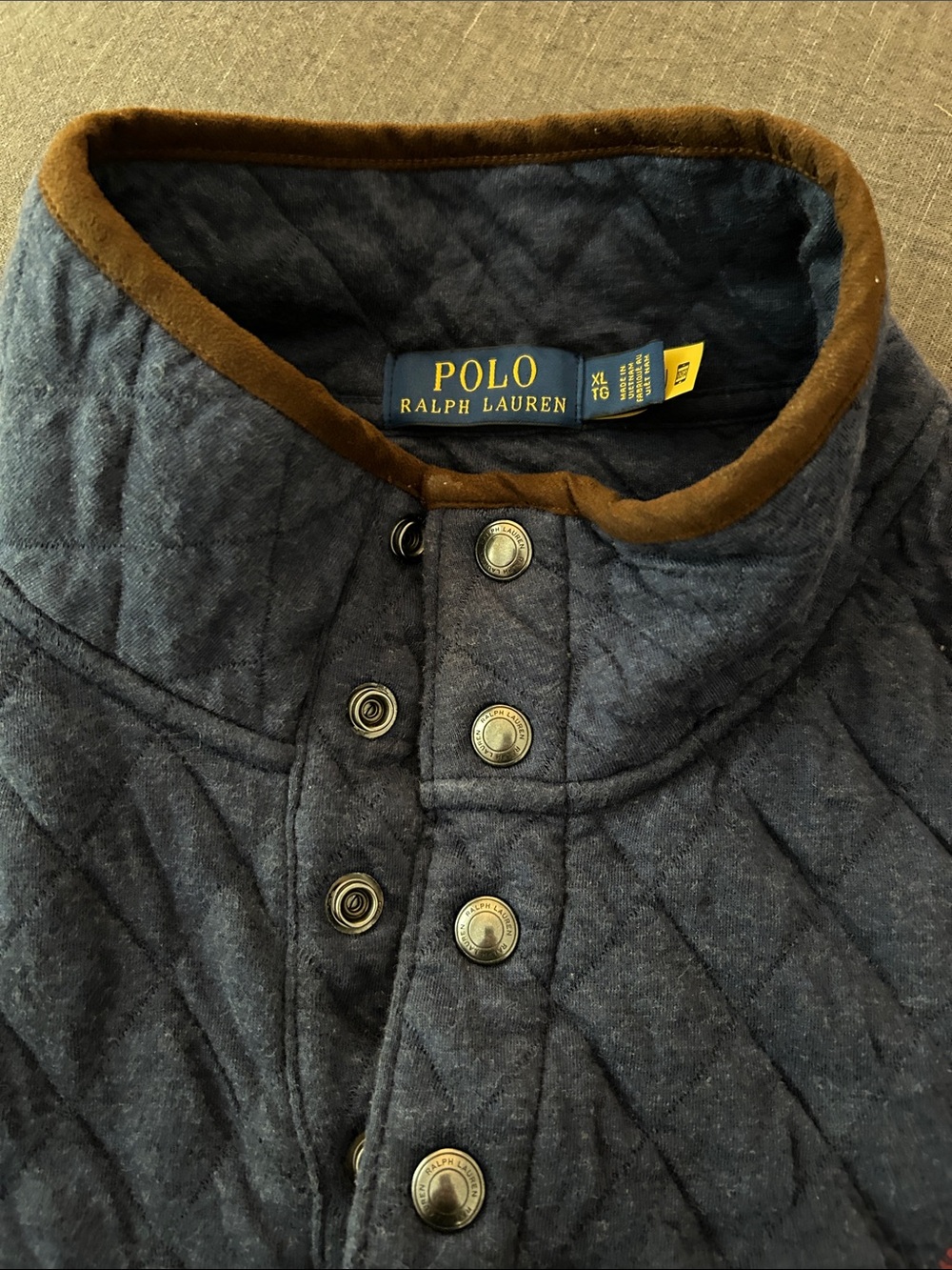 Polo by Ralph Lauren Quilted Zip Mock Neck Sweatshirt - Navy with Brown Trim - Picture 2 of 3